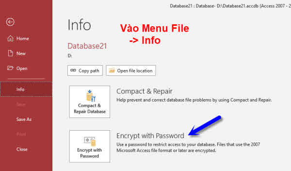 Hướng dẫn cách đặt mật khẩu file Access