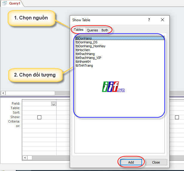 Chọn nguồn khi tạo query