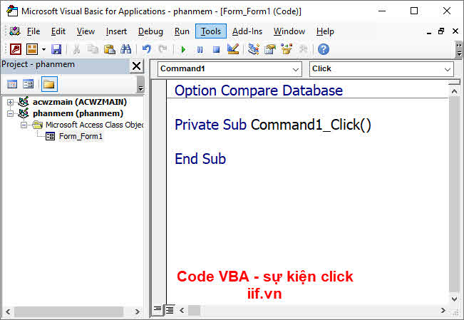 sự kiện click code vba button access