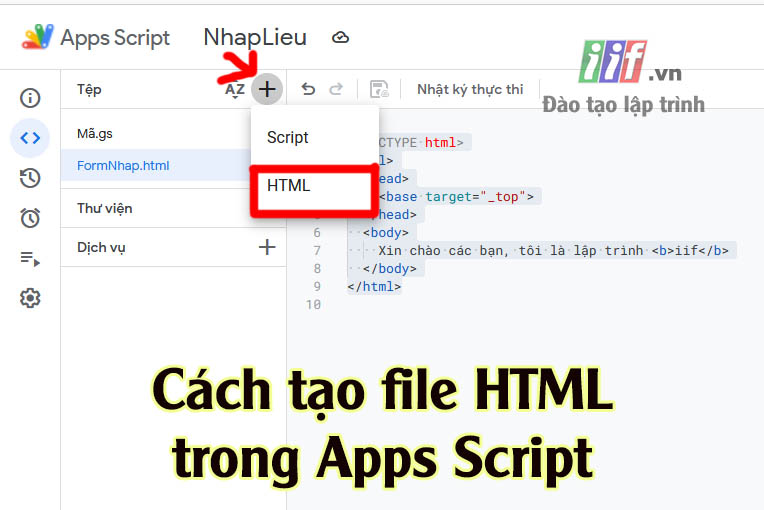 Cách tạo file HTML trong apps script