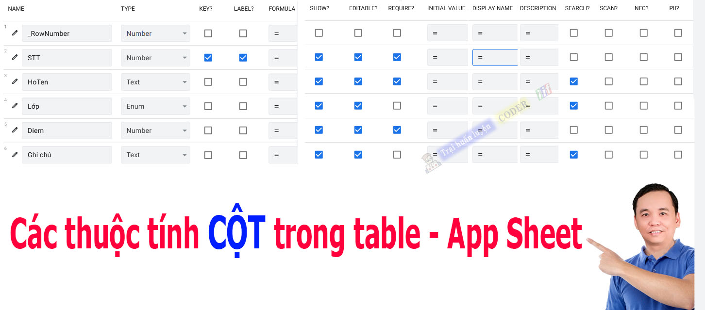 Thuộc tính cột trong table App Sheet