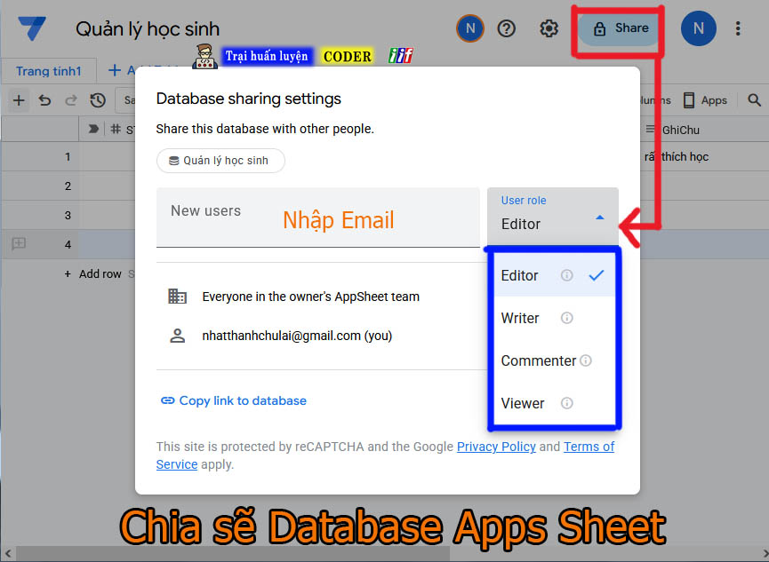Phân quyền Database trong Apps Sheet