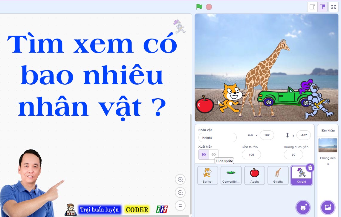 Tìm xem có bao nhiêu nhân vật trong Scratch
