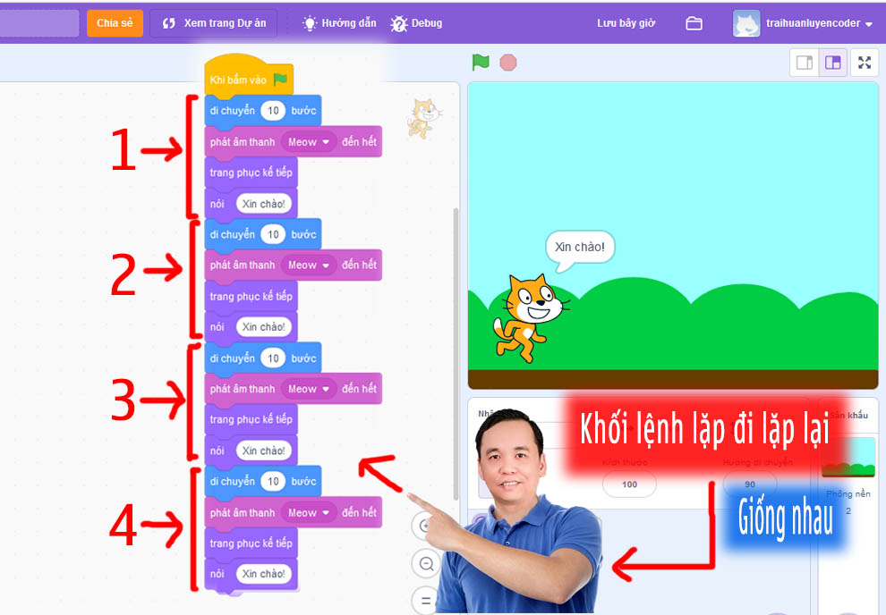 Khối lệnh lặp đi lặp lại trong Scratch